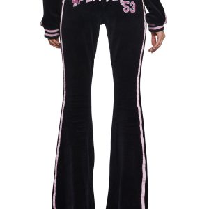 Dolls Kill x Playboy Playmate Velour Striped Logo Flared Track Pants - Black/Pink