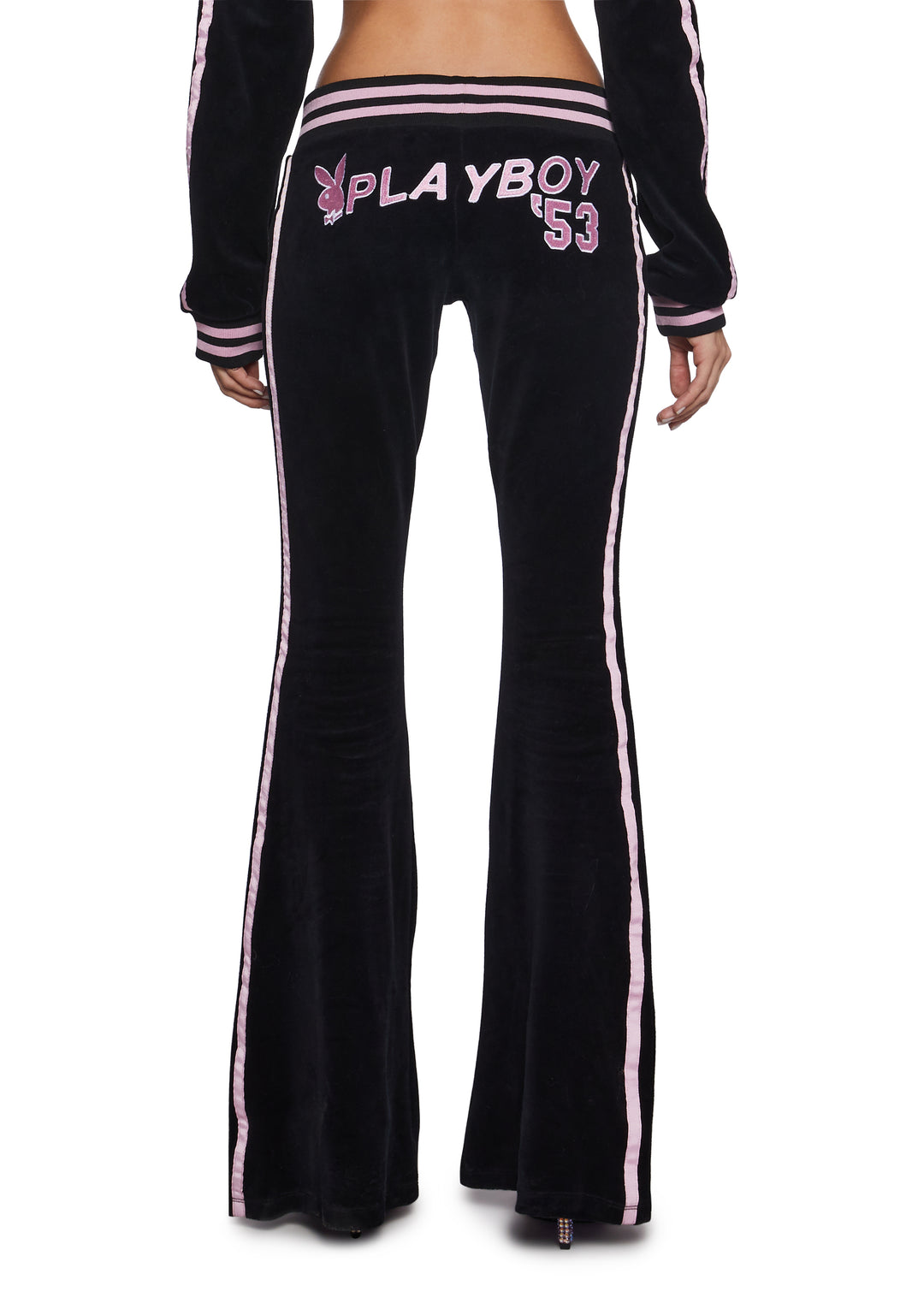 Dolls Kill x Playboy Playmate Velour Striped Logo Flared Track Pants - Black/Pink