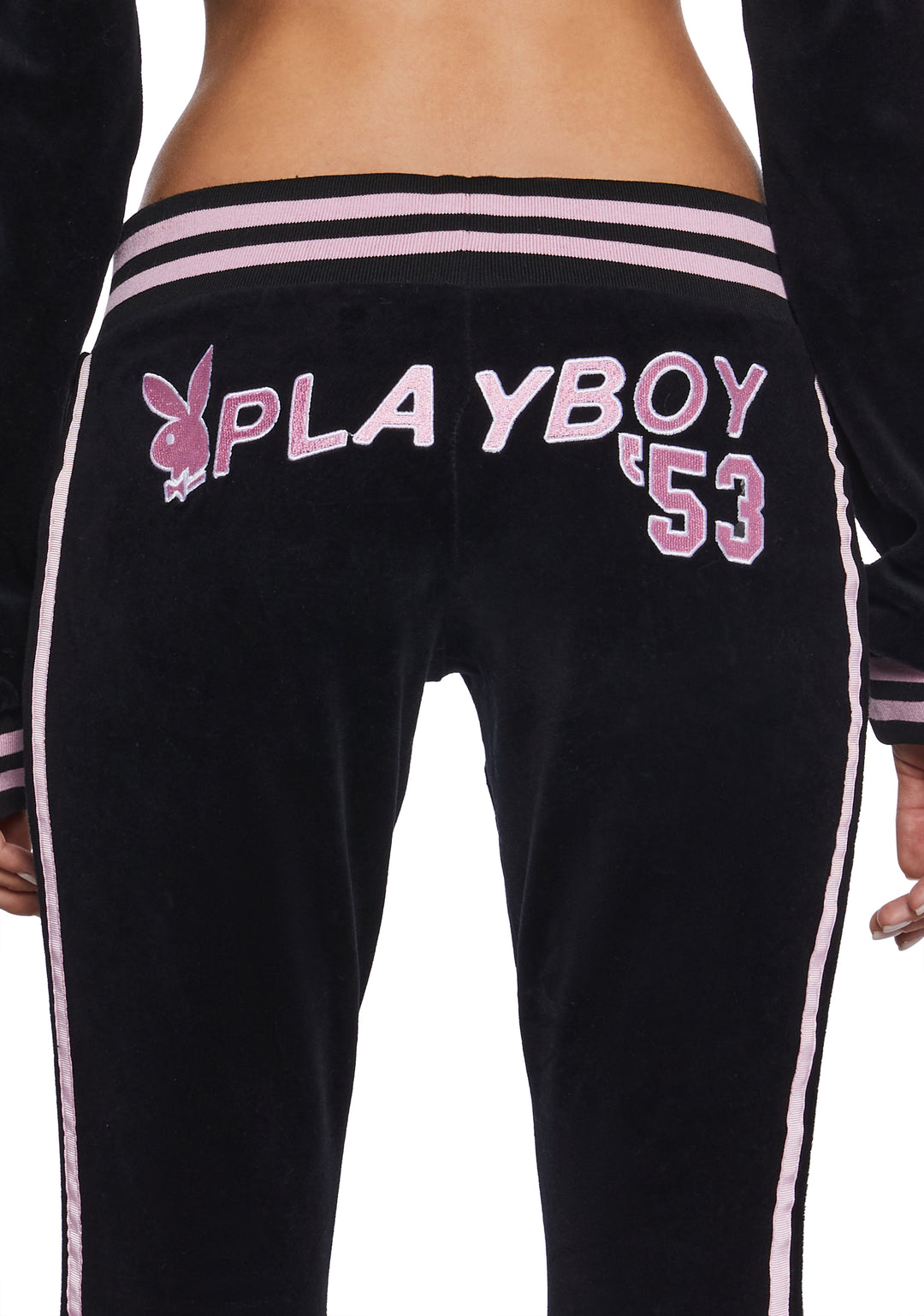 Dolls Kill x Playboy Playmate Velour Striped Logo Flared Track Pants - Black/Pink - Image 6