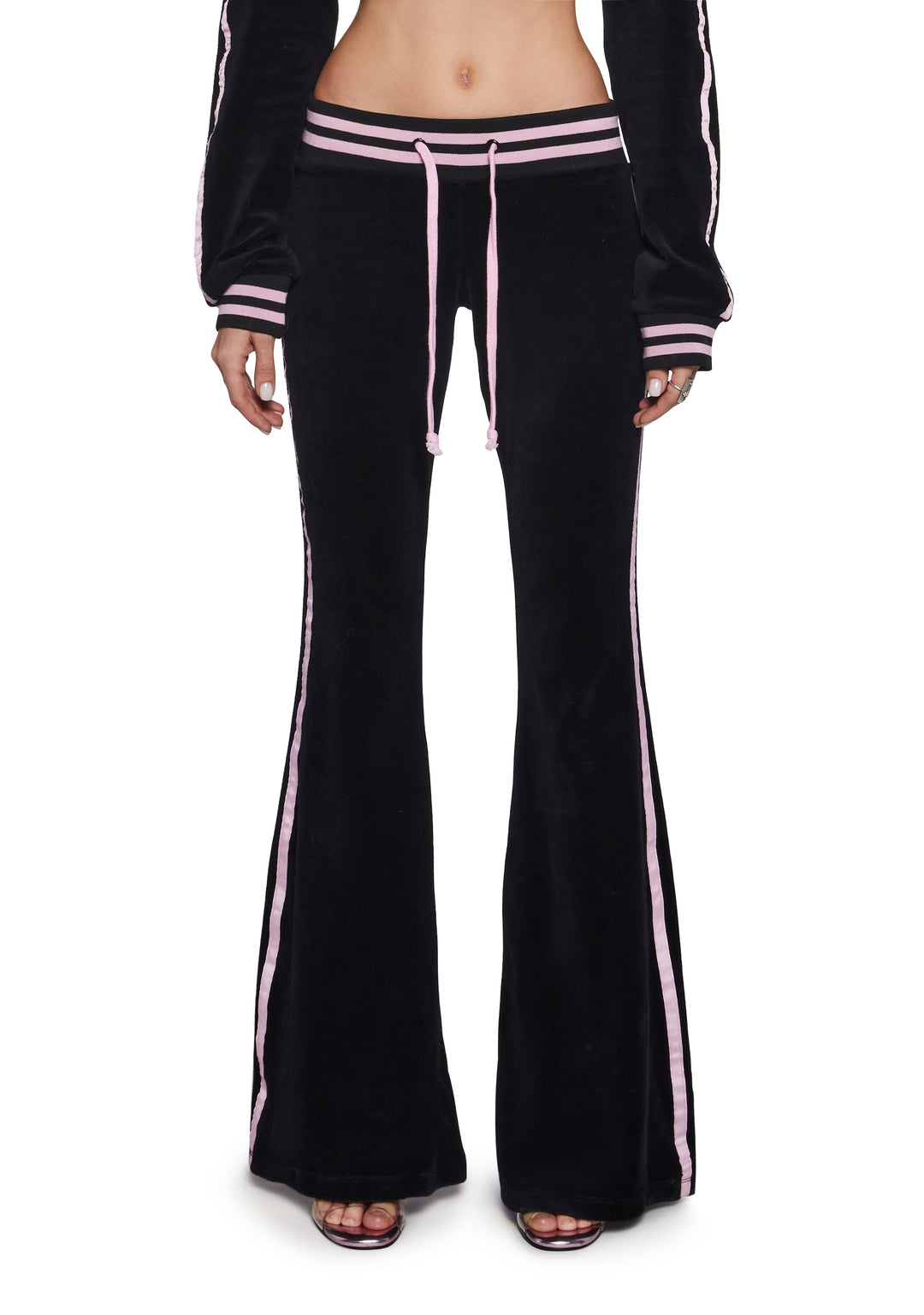 Dolls Kill x Playboy Playmate Velour Striped Logo Flared Track Pants - Black/Pink - Image 5