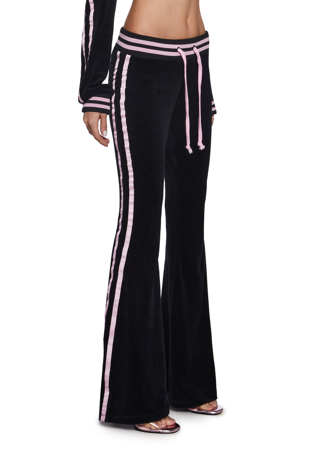 Dolls Kill x Playboy Playmate Velour Striped Logo Flared Track Pants - Black/Pink - Image 3