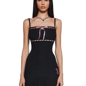Dolls Kill x Playboy Stretchy Knit Pleated Playboy Playmate Bunny Mini Dress - Black