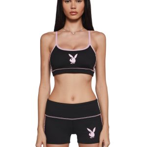 Dolls Kill x Playboy Bunny Playmate Logo Striped Sports Bra - Black/Pink