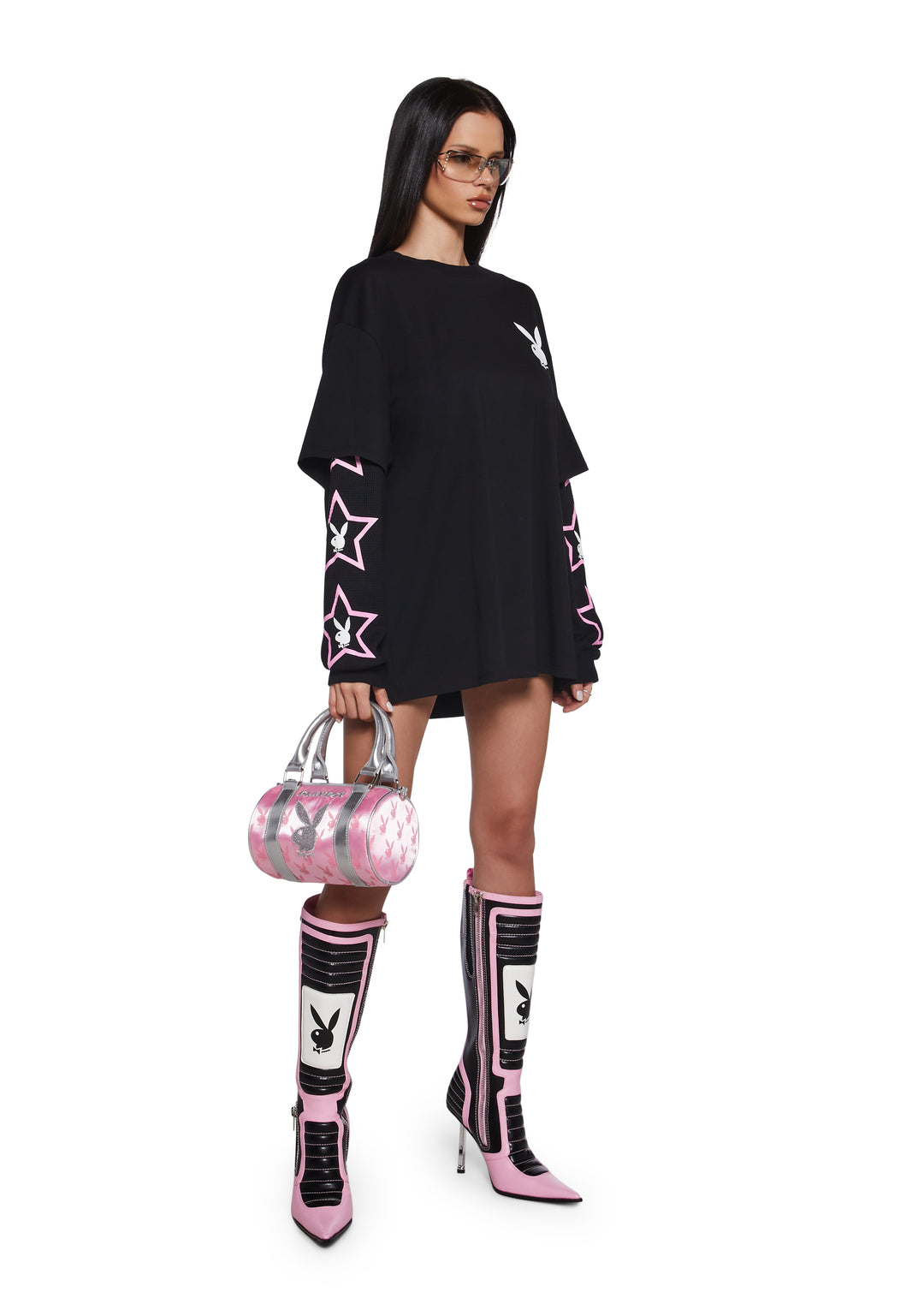 Dolls Kill x Playboy Logo Bunnies Playmate Have More Fun Graphic Long Sleeve Top - Black - Image 2