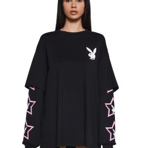 Dolls Kill x Playboy Logo Bunnies Playmate Have More Fun Graphic Long Sleeve Top - Black