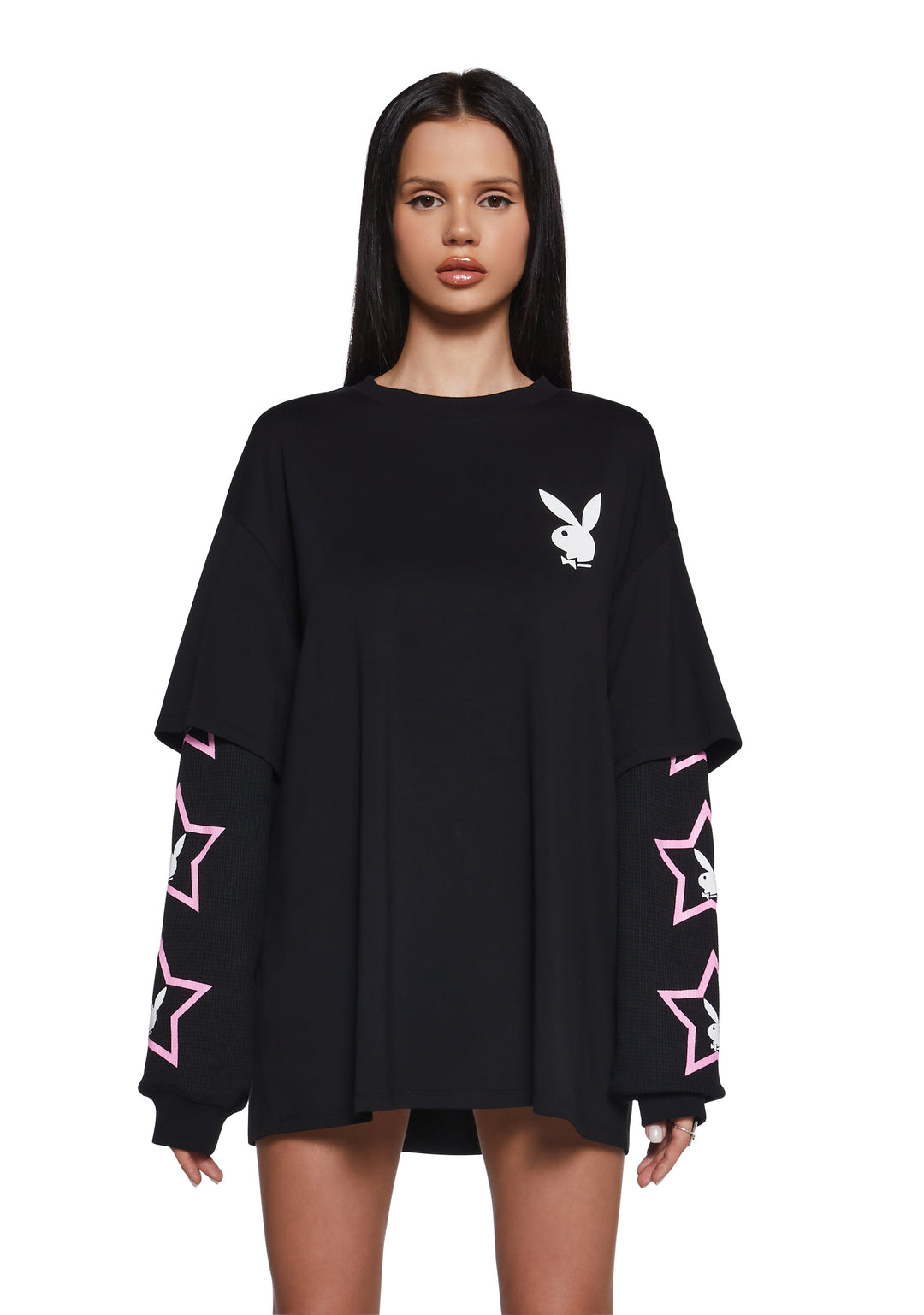 Dolls Kill x Playboy Logo Bunnies Playmate Have More Fun Graphic Long Sleeve Top - Black