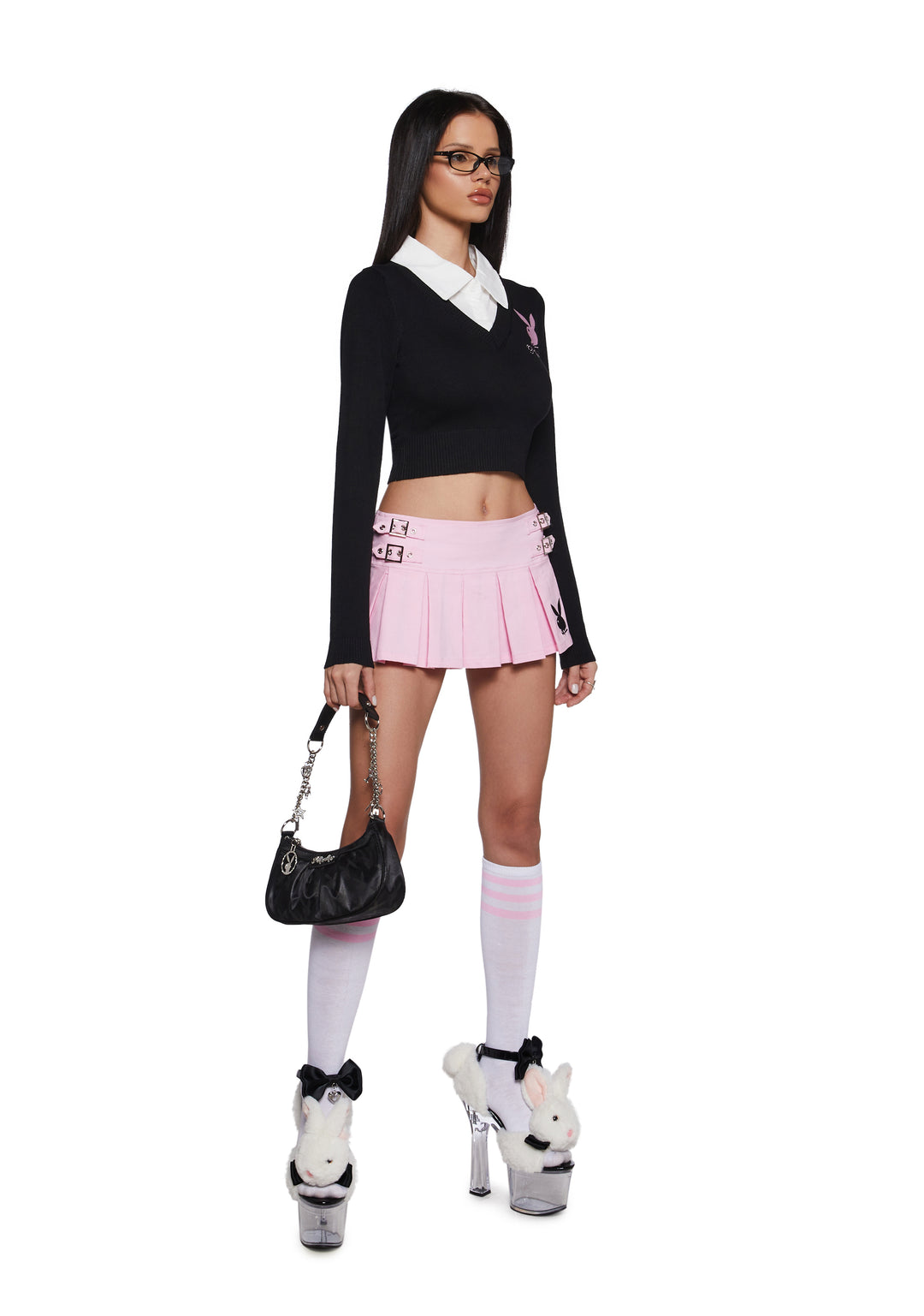 Dolls Kill x Playboy Playmate Knit Cropped Sweater With Bunny Embroidered Logo - Black - Image 2