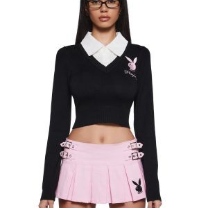 Dolls Kill x Playboy Playmate Knit Cropped Sweater With Bunny Embroidered Logo - Black