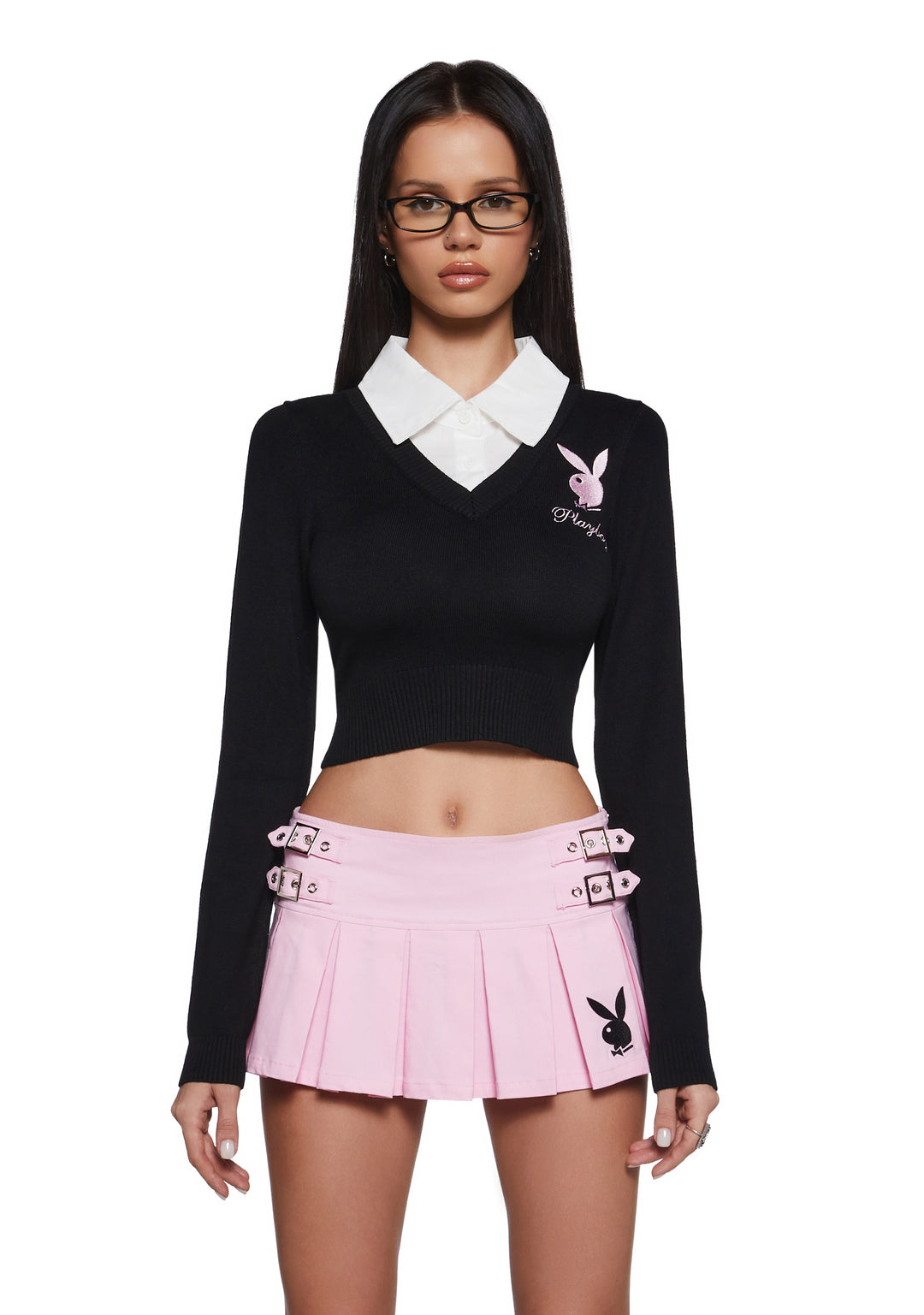 Dolls Kill x Playboy Playmate Knit Cropped Sweater With Bunny Embroidered Logo - Black