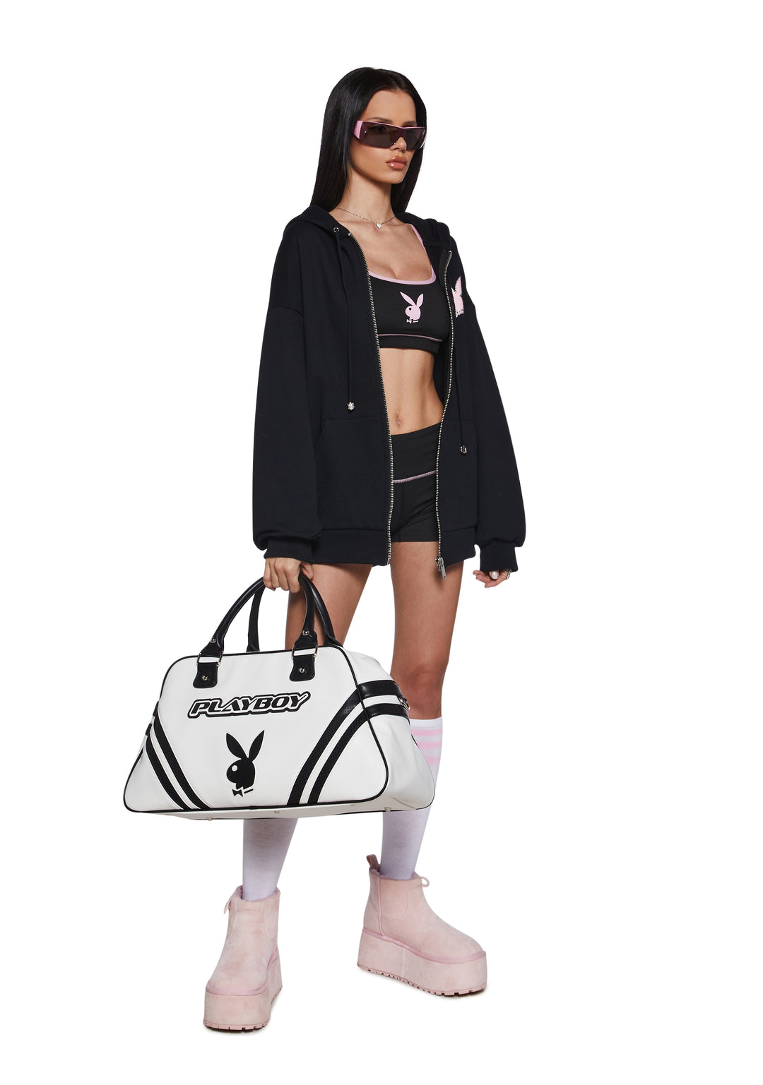 Dolls Kill x Playboy Bunny Playmate Bike Gym Shorts - Black/Pink - Image 2