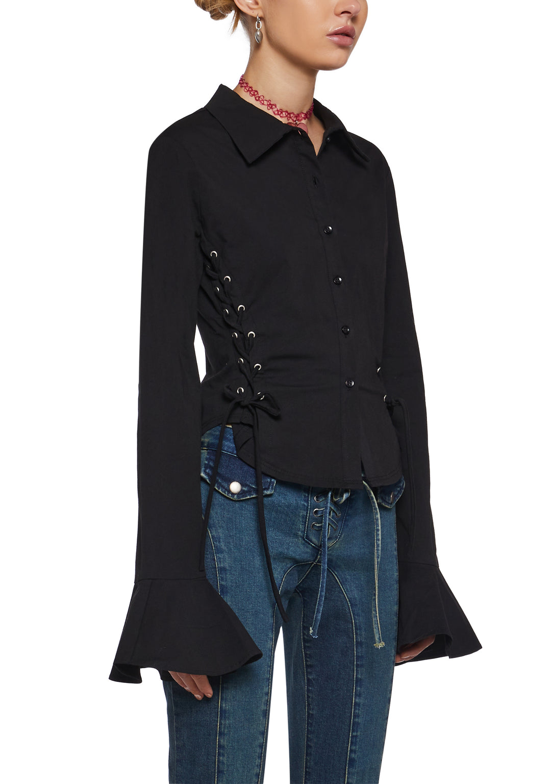 Womens Academia Collared Poplin Lace Up Long Sleeve Top Delia's - Black - Image 5