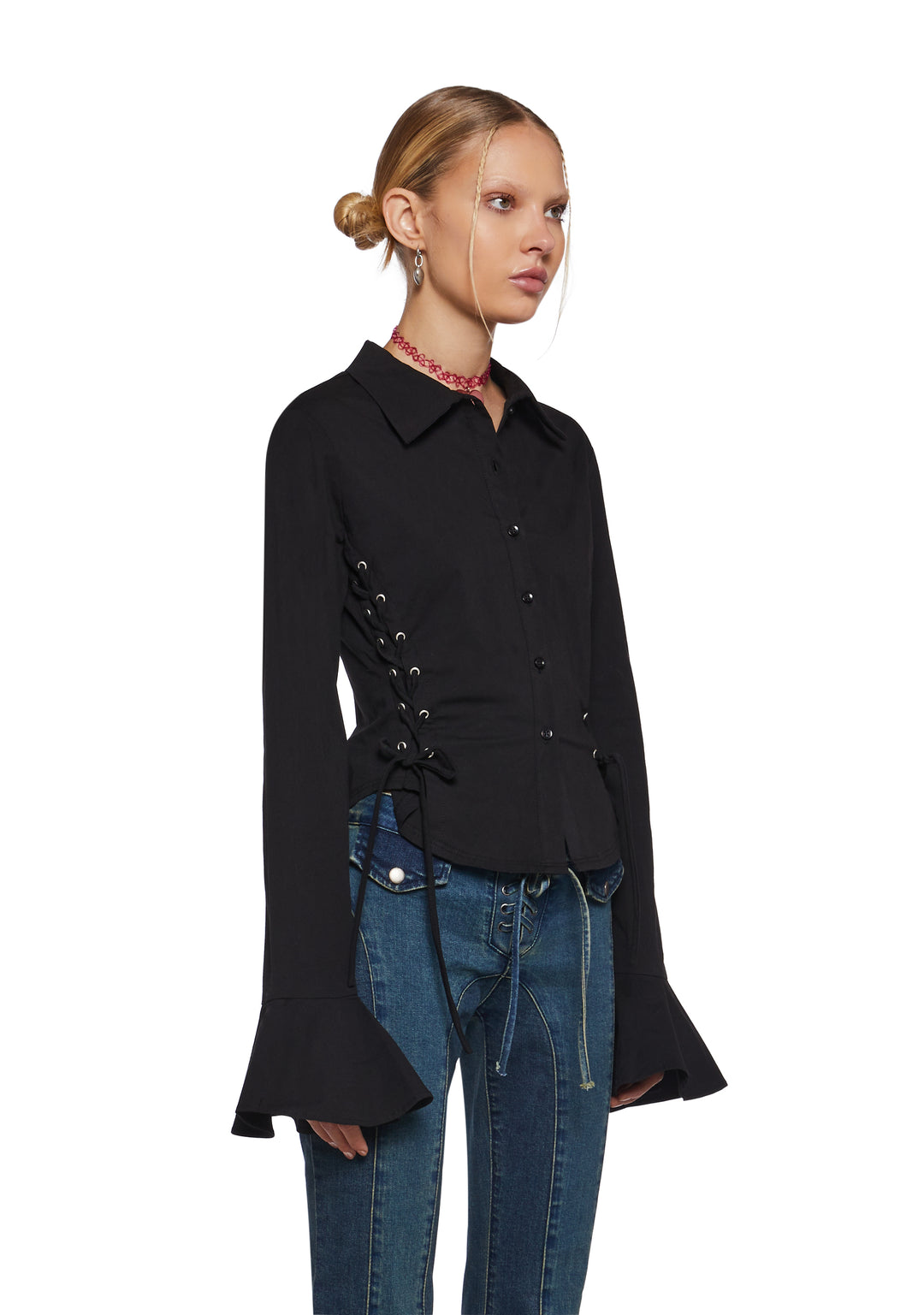 Womens Academia Collared Poplin Lace Up Long Sleeve Top Delia's - Black - Image 3