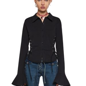 Womens Academia Collared Poplin Lace Up Long Sleeve Top Delia's - Black