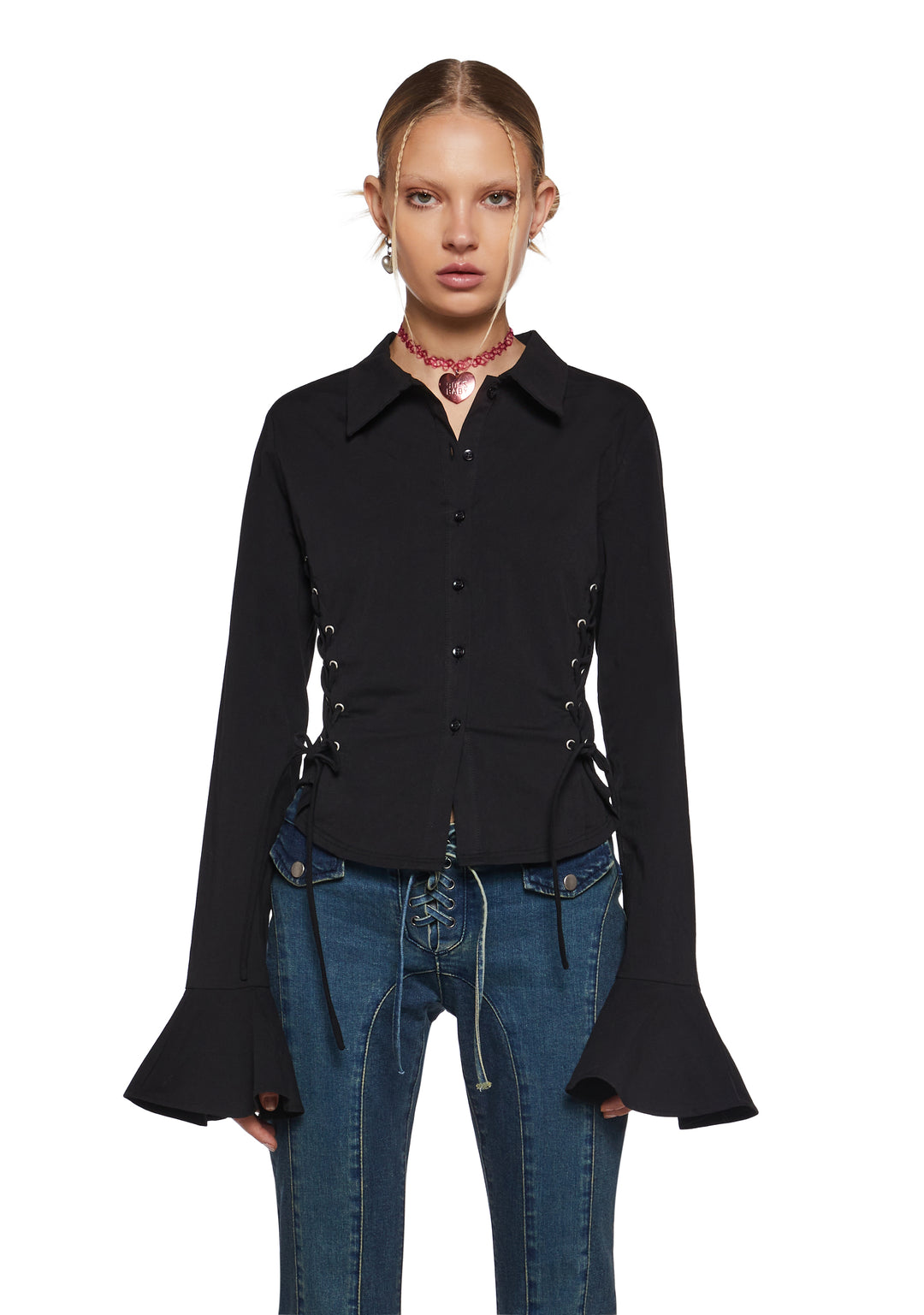 Womens Academia Collared Poplin Lace Up Long Sleeve Top Delia's - Black