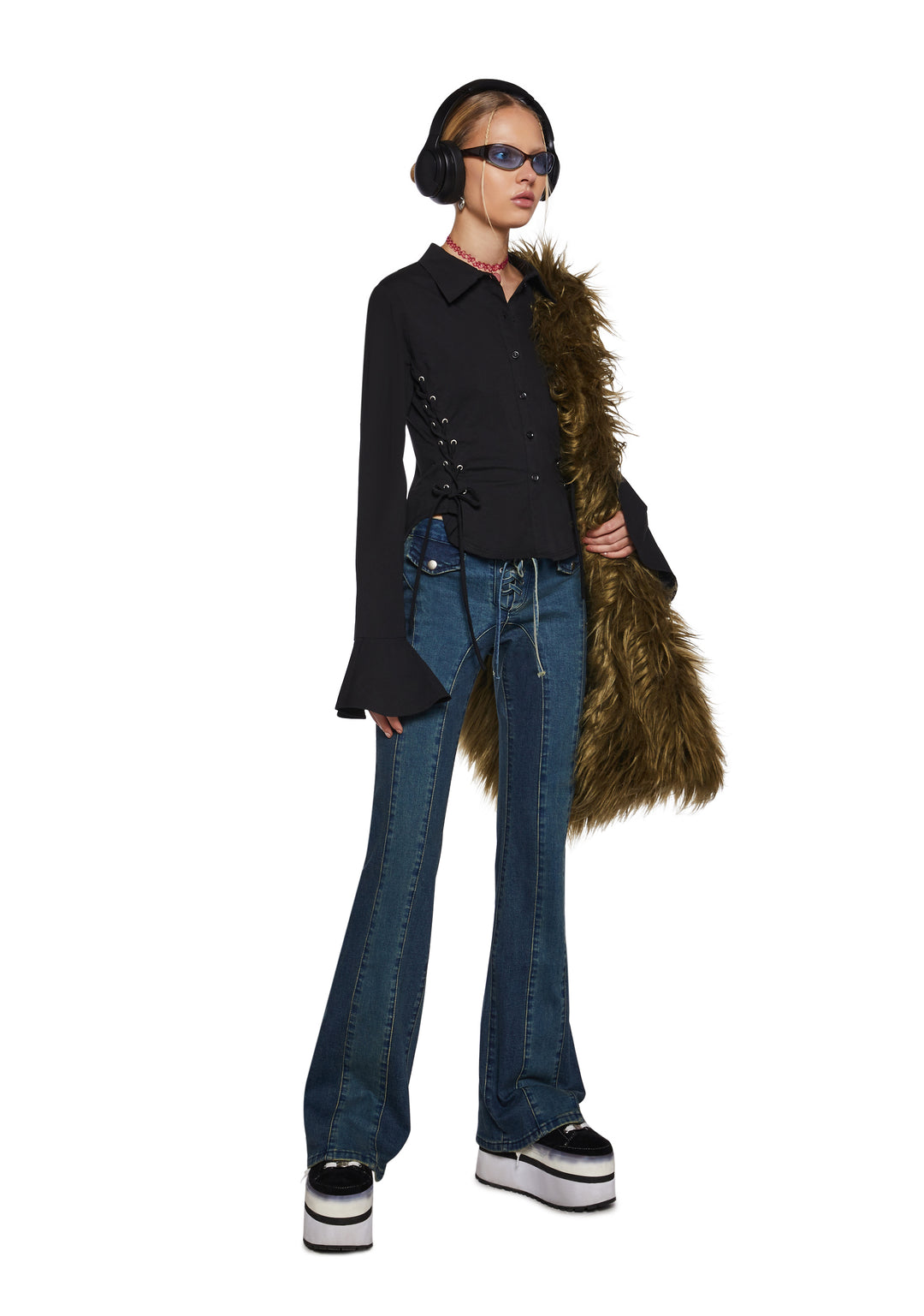 Womens Academia Collared Poplin Lace Up Long Sleeve Top Delia's - Black - Image 2