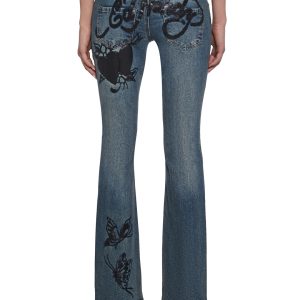 Ed Hardy Butterfly Graphic Washed Denim Tint Flared Jeans - Blue
