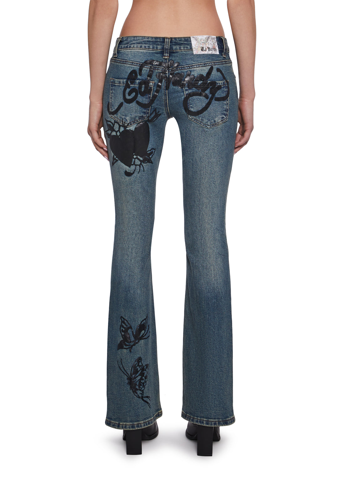Ed Hardy Butterfly Graphic Washed Denim Tint Flared Jeans - Blue