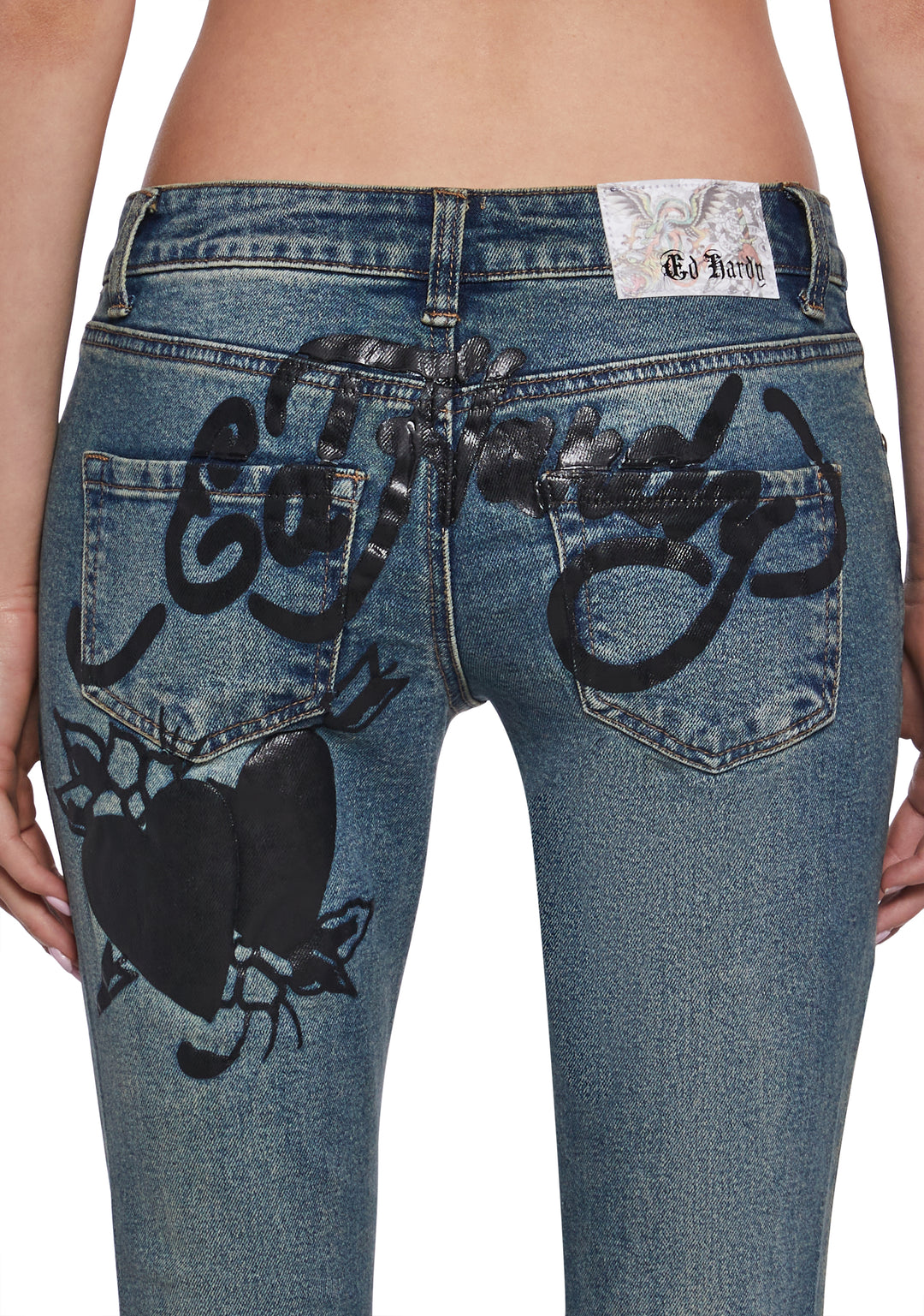 Ed Hardy Butterfly Graphic Washed Denim Tint Flared Jeans - Blue - Image 7