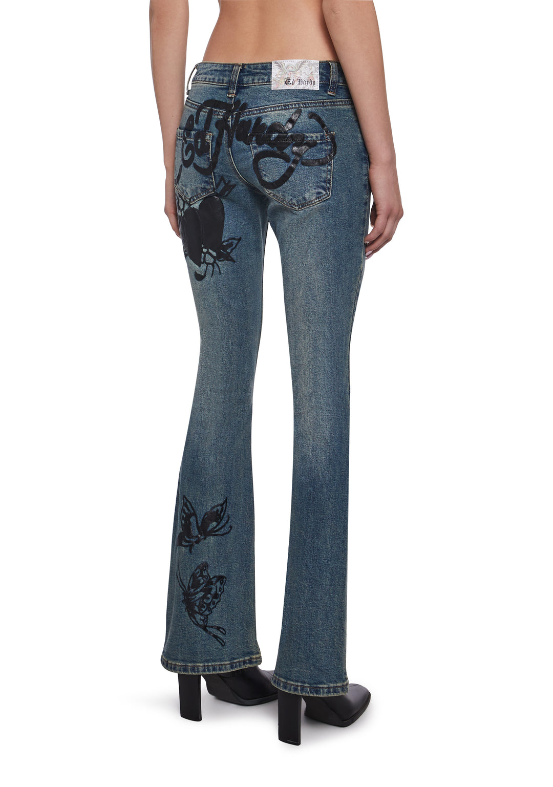 Ed Hardy Butterfly Graphic Washed Denim Tint Flared Jeans - Blue - Image 4