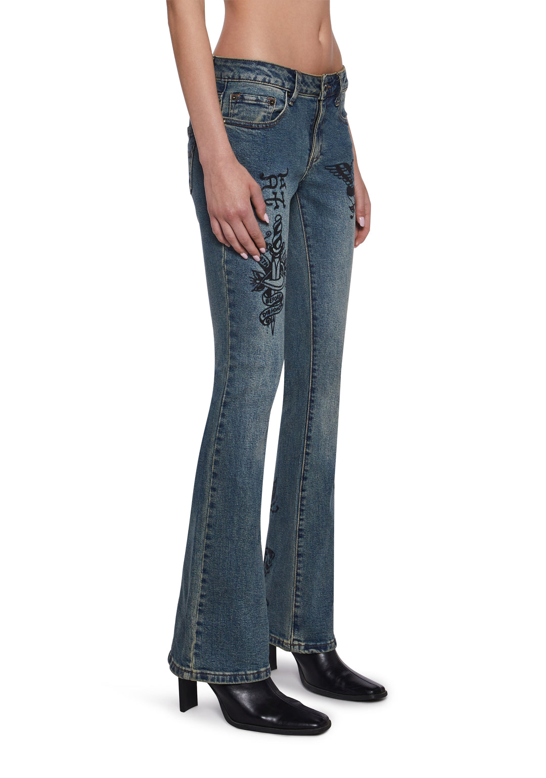 Ed Hardy Butterfly Graphic Washed Denim Tint Flared Jeans - Blue - Image 3