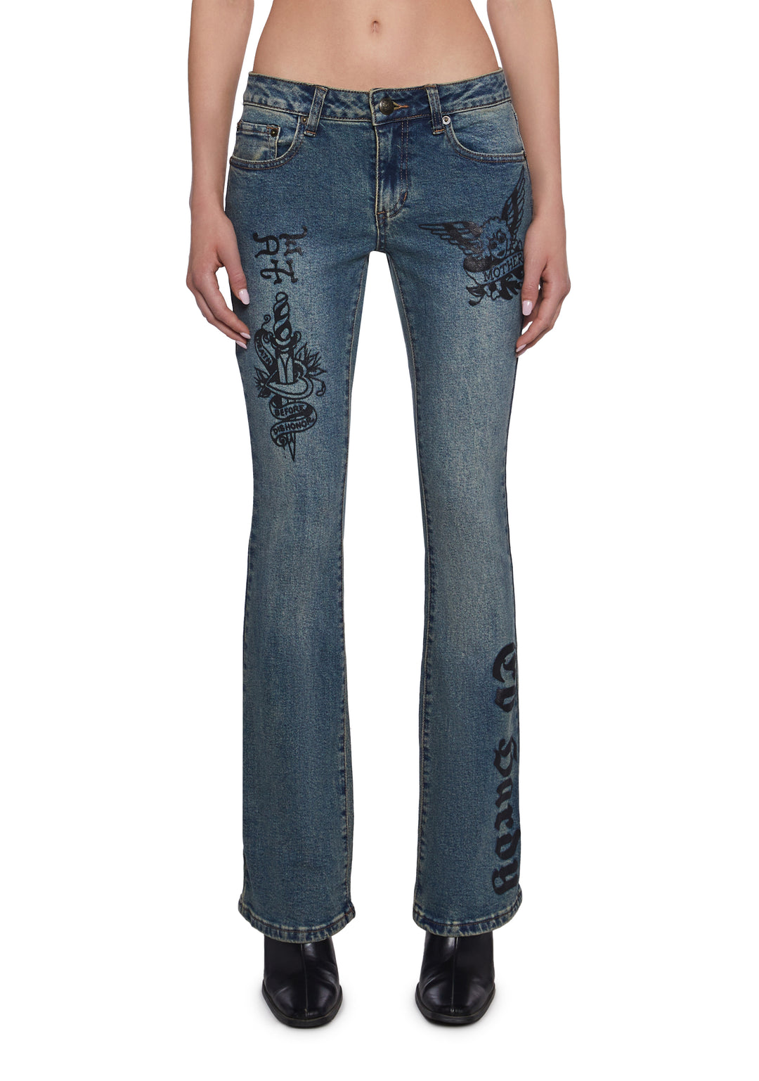 Ed Hardy Butterfly Graphic Washed Denim Tint Flared Jeans - Blue - Image 5