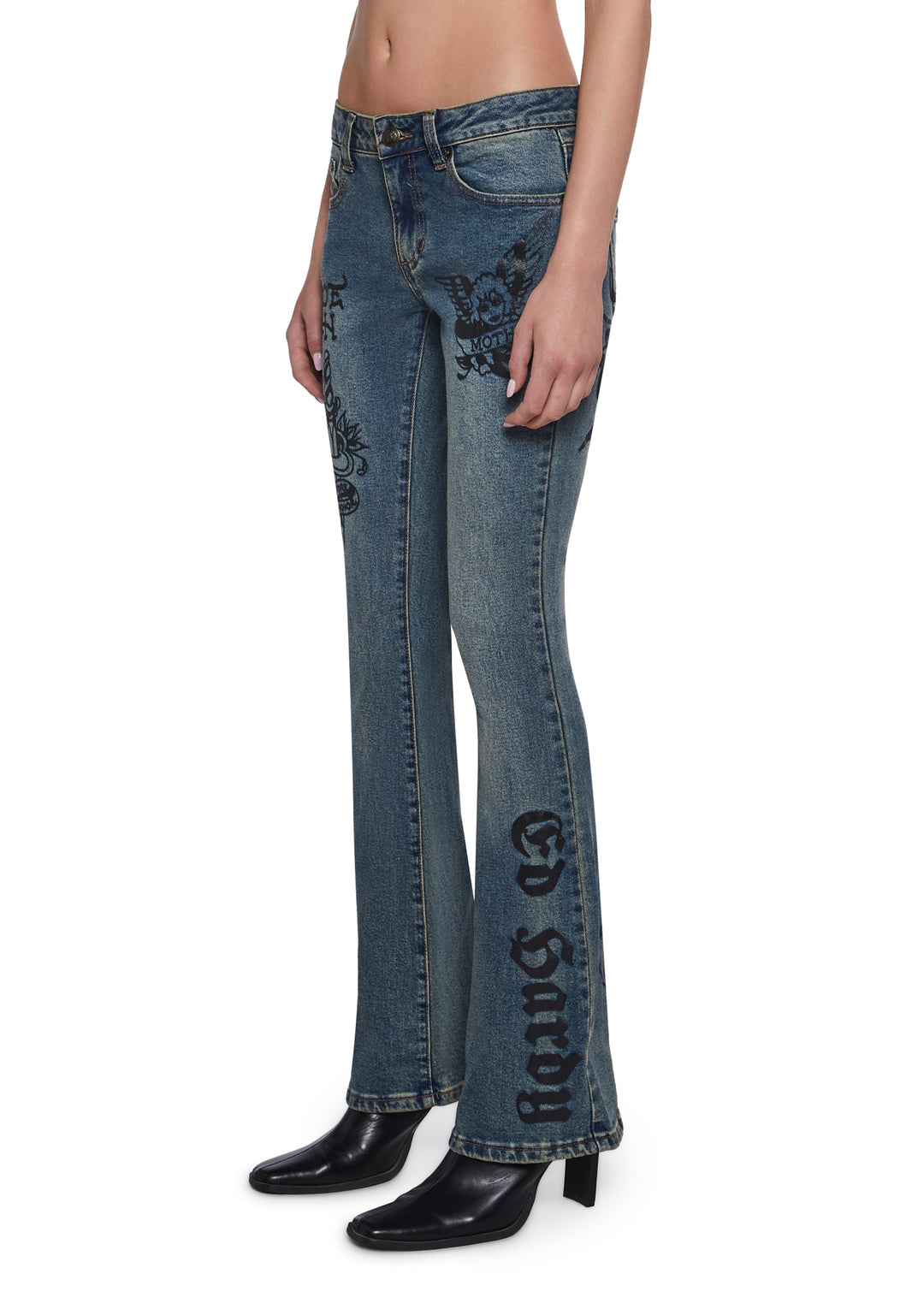 Ed Hardy Butterfly Graphic Washed Denim Tint Flared Jeans - Blue - Image 6