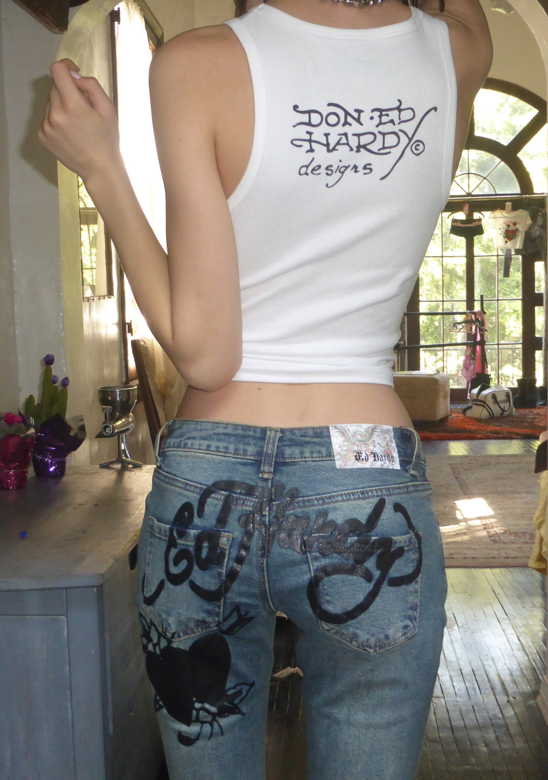 Ed Hardy Butterfly Graphic Washed Denim Tint Flared Jeans - Blue - Image 10