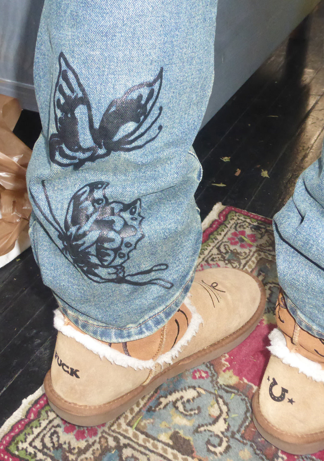 Ed Hardy Butterfly Graphic Washed Denim Tint Flared Jeans - Blue - Image 9