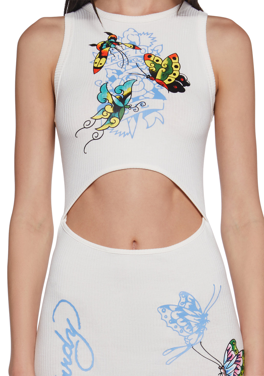 Ed Hardy Butterfly Ribbed Cut Out Tank Dress - Off White - Image 5
