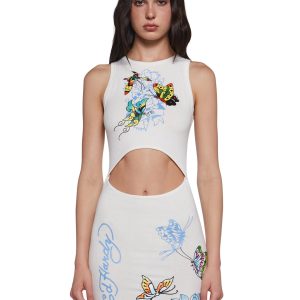Ed Hardy Butterfly Ribbed Cut Out Tank Dress - Off White