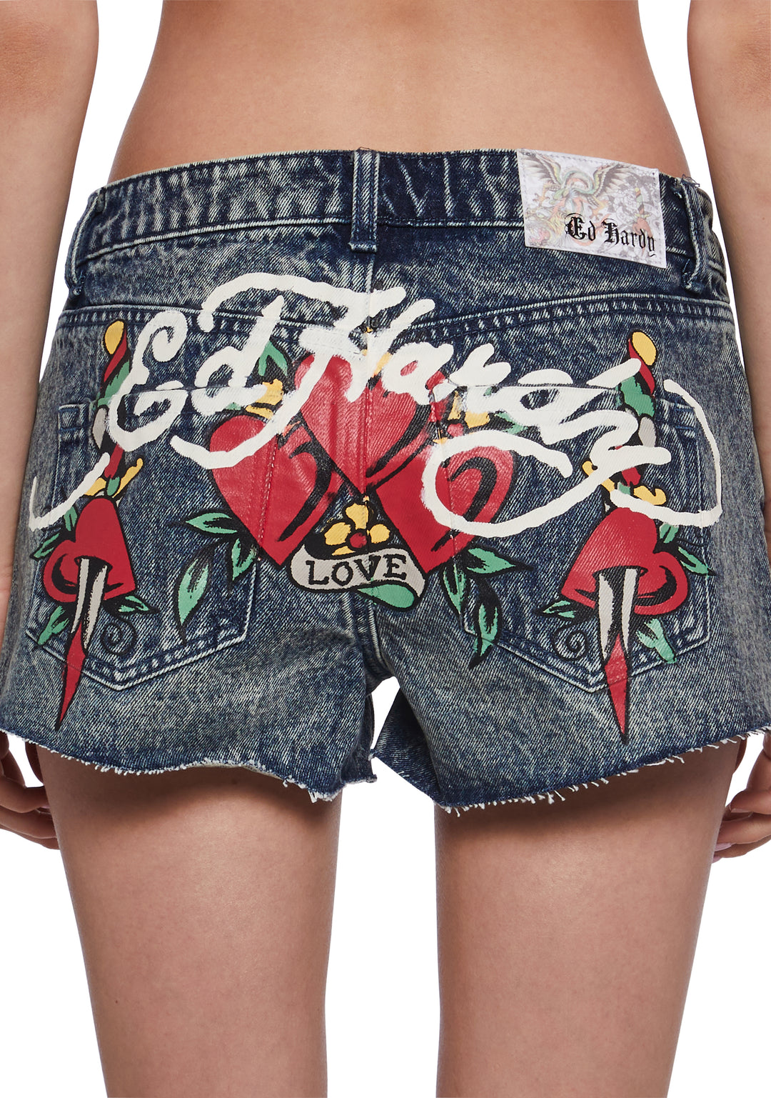Ed Hardy Heart Dagger Denim Shorts With Raw Hem - Blue - Image 7