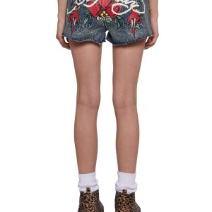 Ed Hardy Heart Dagger Denim Shorts With Raw Hem - Blue