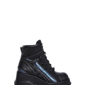 Vegan Leather Reflective Strip Wedge Platform Sneakers Club Exx - Black