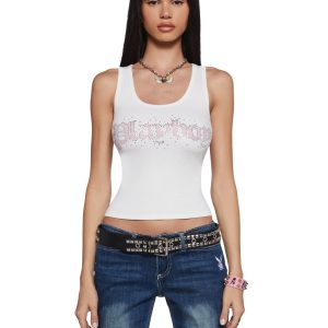 Dolls Kill x Playboy Playmate Logo Stretchy Ribbed Knit Rhinestone Graphic Tank - White