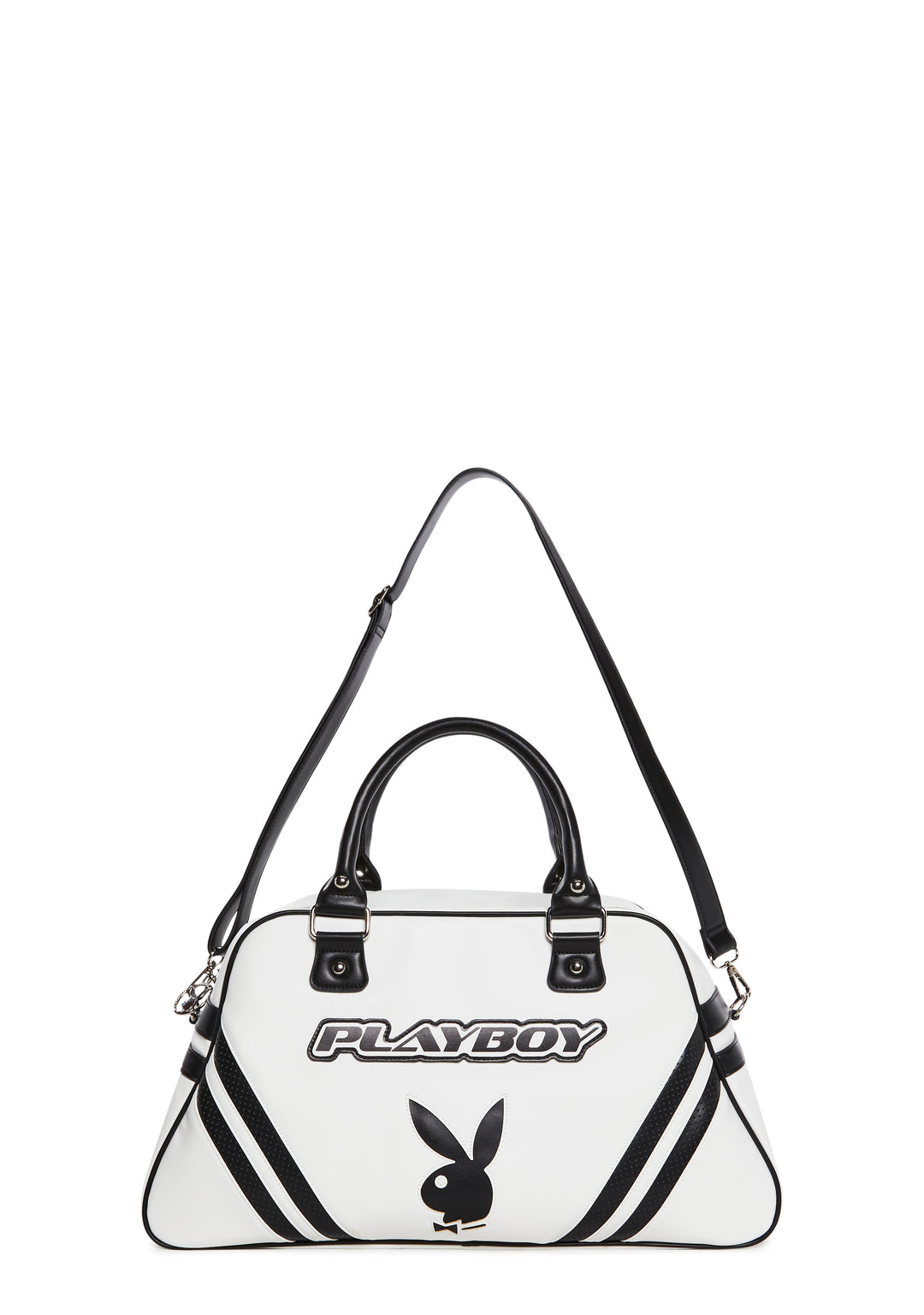 Dolls Kill x Playboy Playmate Logo Striped Vegan Leather Sporty Weekender Bag - Black/White - Image 5