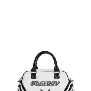 Dolls Kill x Playboy Playmate Logo Striped Vegan Leather Sporty Weekender Bag - Black/White