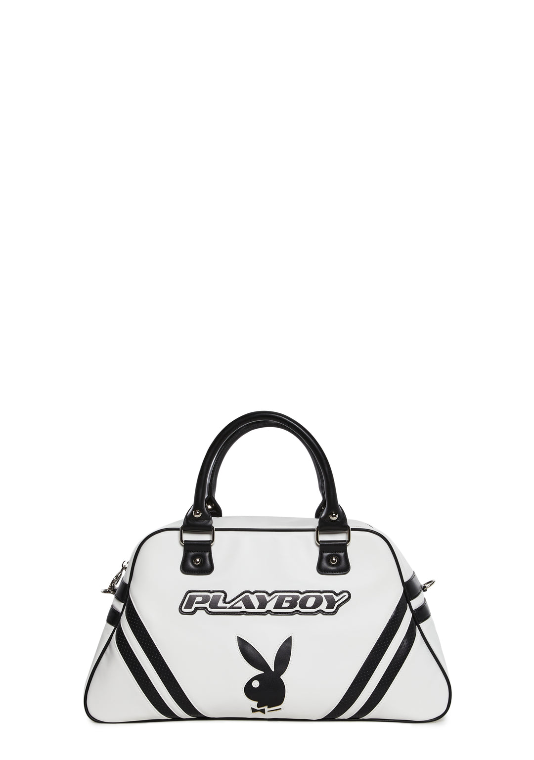 Dolls Kill x Playboy Playmate Logo Striped Vegan Leather Sporty Weekender Bag - Black/White