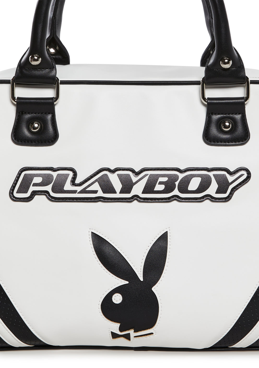 Dolls Kill x Playboy Playmate Logo Striped Vegan Leather Sporty Weekender Bag - Black/White - Image 6