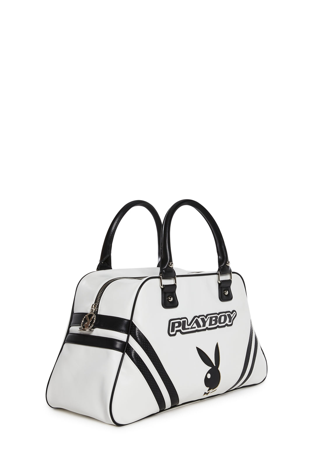 Dolls Kill x Playboy Playmate Logo Striped Vegan Leather Sporty Weekender Bag - Black/White - Image 3