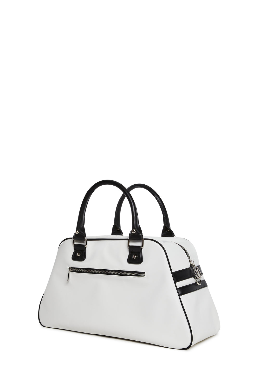 Dolls Kill x Playboy Playmate Logo Striped Vegan Leather Sporty Weekender Bag - Black/White - Image 4