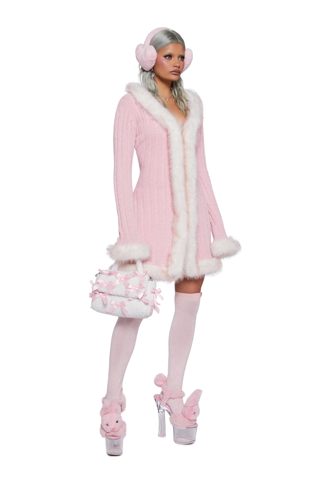 Chenille Faux Fur Trim Long Cardigan Sugar Thrillz - Pink - Image 2