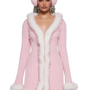 Chenille Faux Fur Trim Long Cardigan Sugar Thrillz - Pink