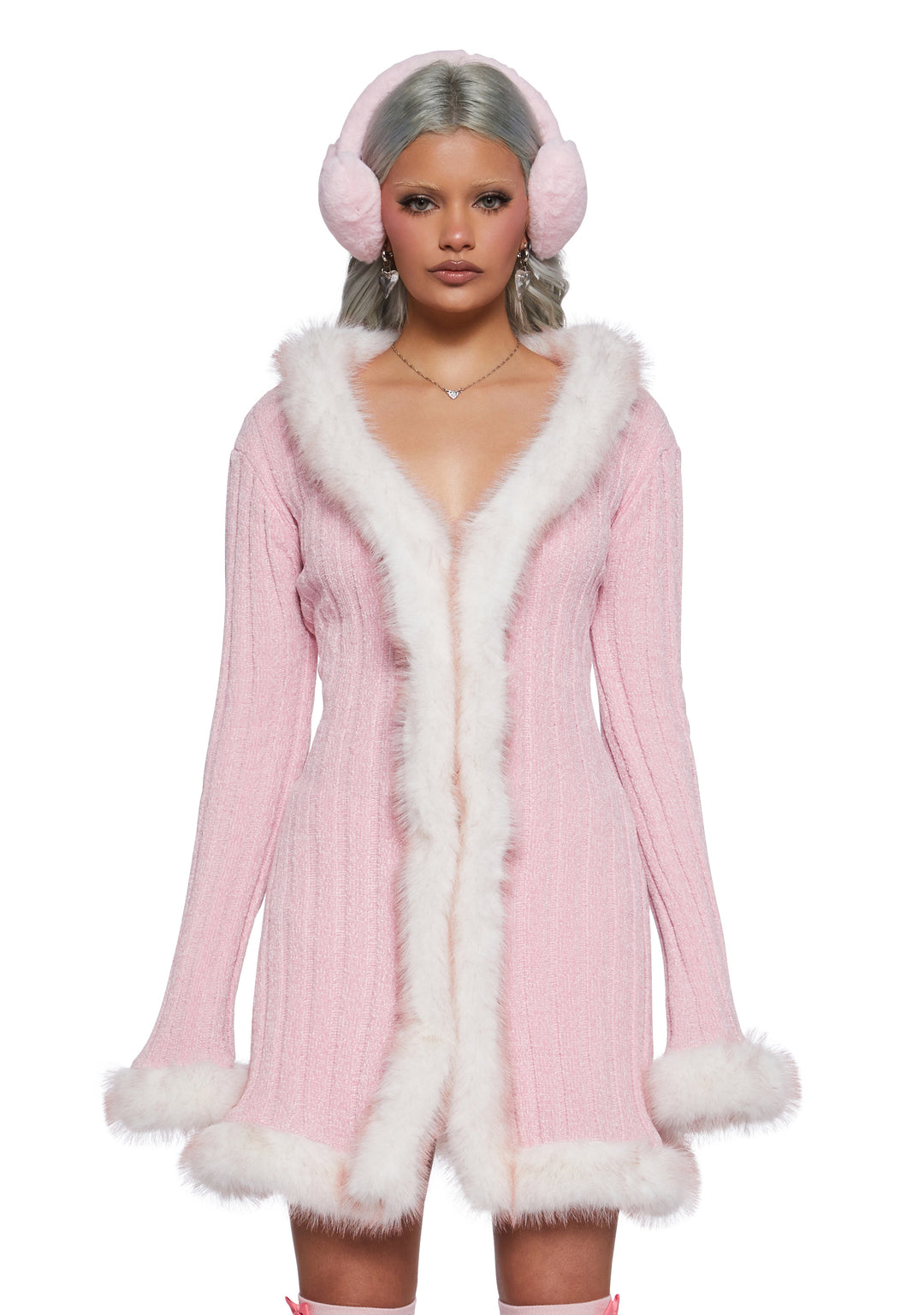 Chenille Faux Fur Trim Long Cardigan Sugar Thrillz - Pink