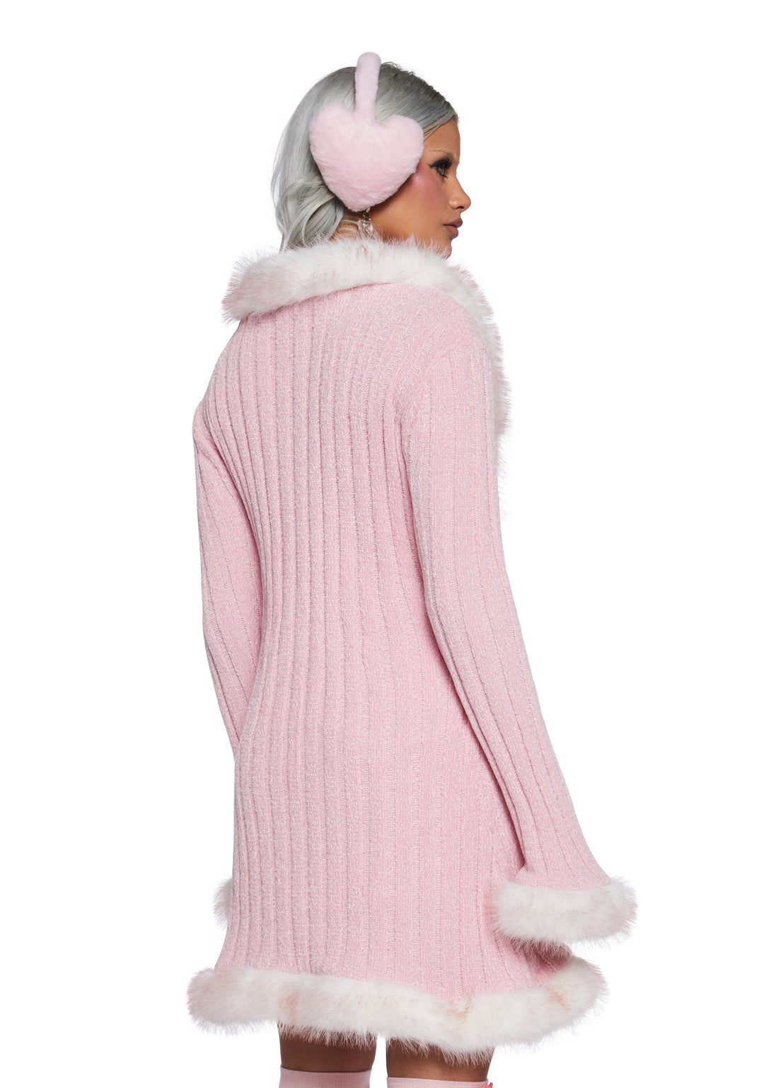 Chenille Faux Fur Trim Long Cardigan Sugar Thrillz - Pink - Image 4