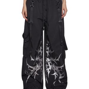 Nylon Metallic Cyber Print Wide Leg Cargo Pants Widow - Black