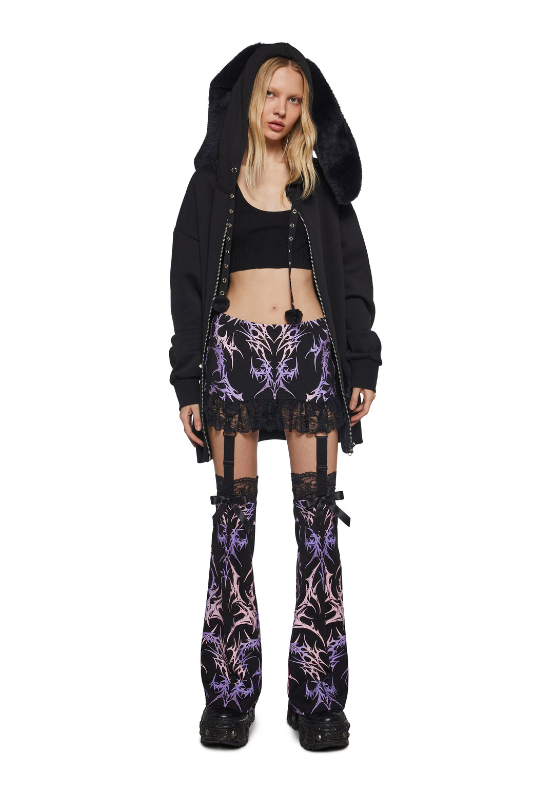 Stretchy Knit Lace Cyber Graphic Print Mini Skirt And Leg Warmers Widow - Black/Pink - Image 2