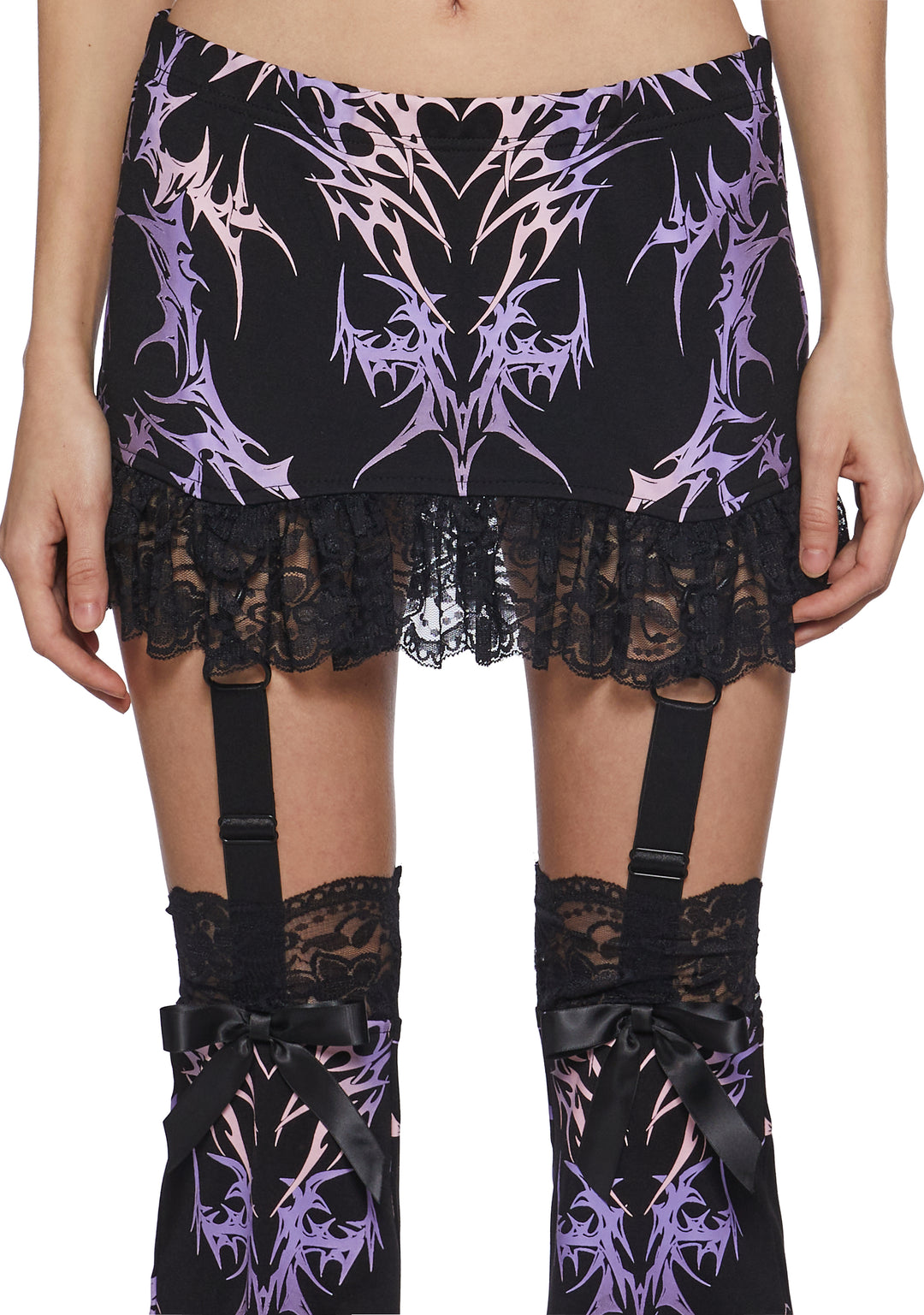 Stretchy Knit Lace Cyber Graphic Print Mini Skirt And Leg Warmers Widow - Black/Pink - Image 5