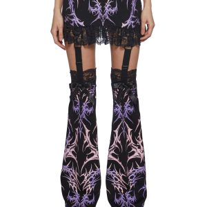 Stretchy Knit Lace Cyber Graphic Print Mini Skirt And Leg Warmers Widow - Black/Pink