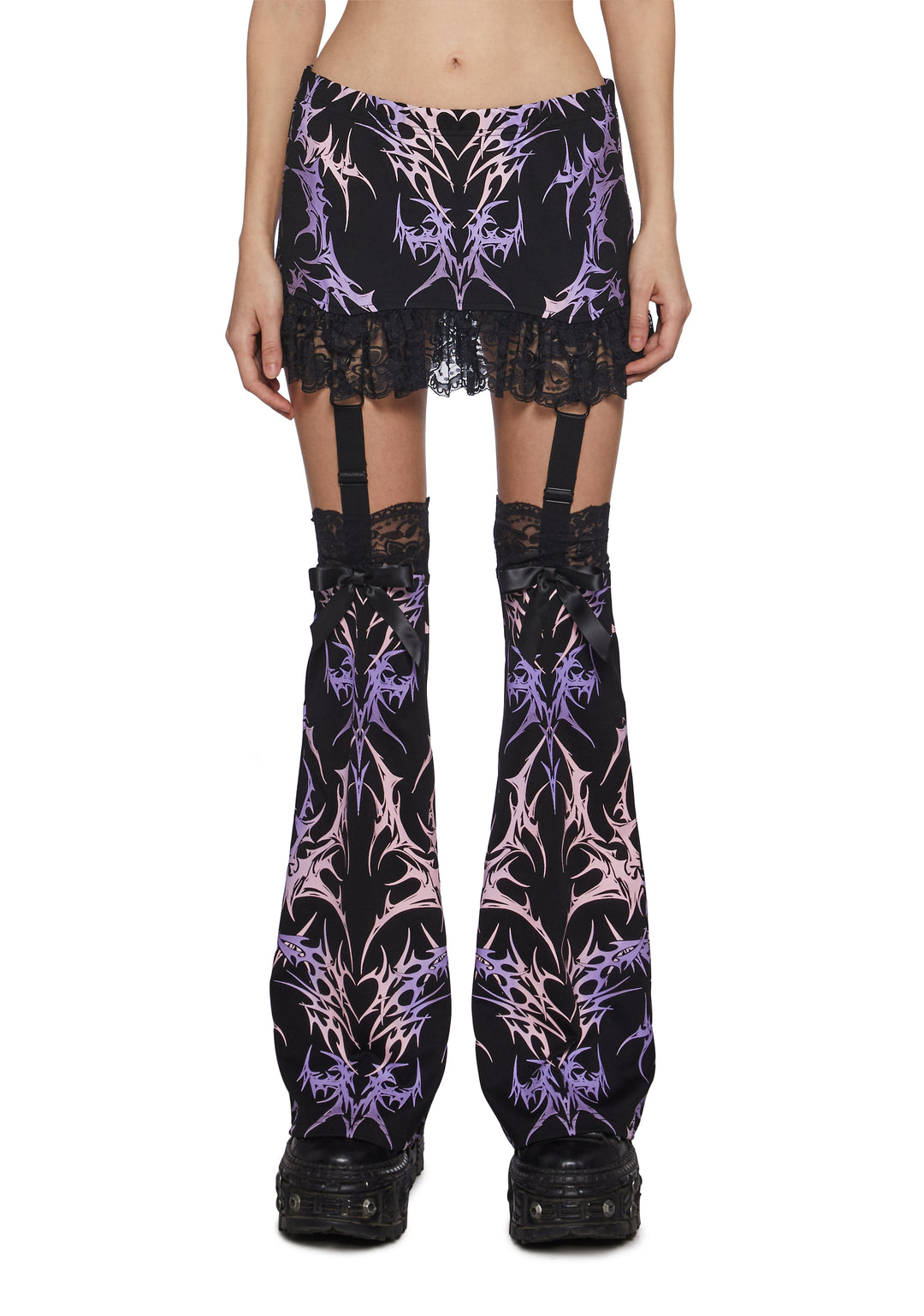 Stretchy Knit Lace Cyber Graphic Print Mini Skirt And Leg Warmers Widow - Black/Pink