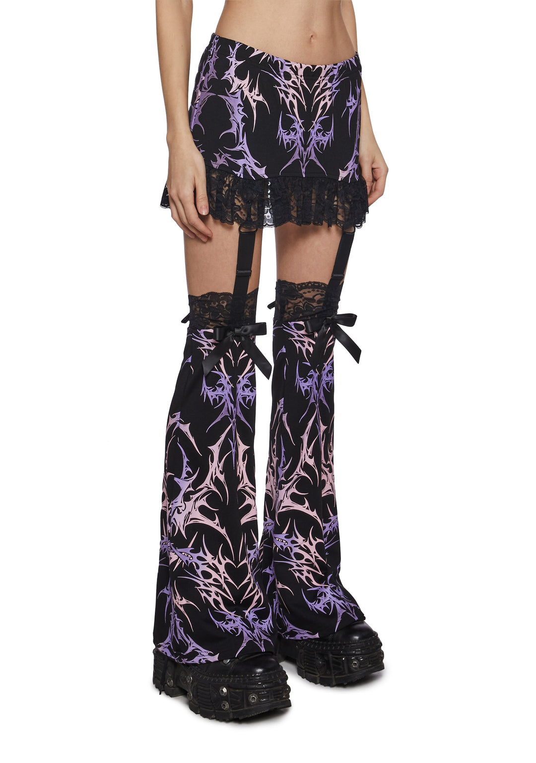 Stretchy Knit Lace Cyber Graphic Print Mini Skirt And Leg Warmers Widow - Black/Pink - Image 3